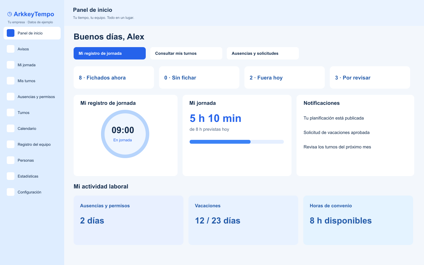 Vista ilustrativa del panel de ArkkeyTempo: fichaje, notificaciones y resumen de actividad en tonos azules